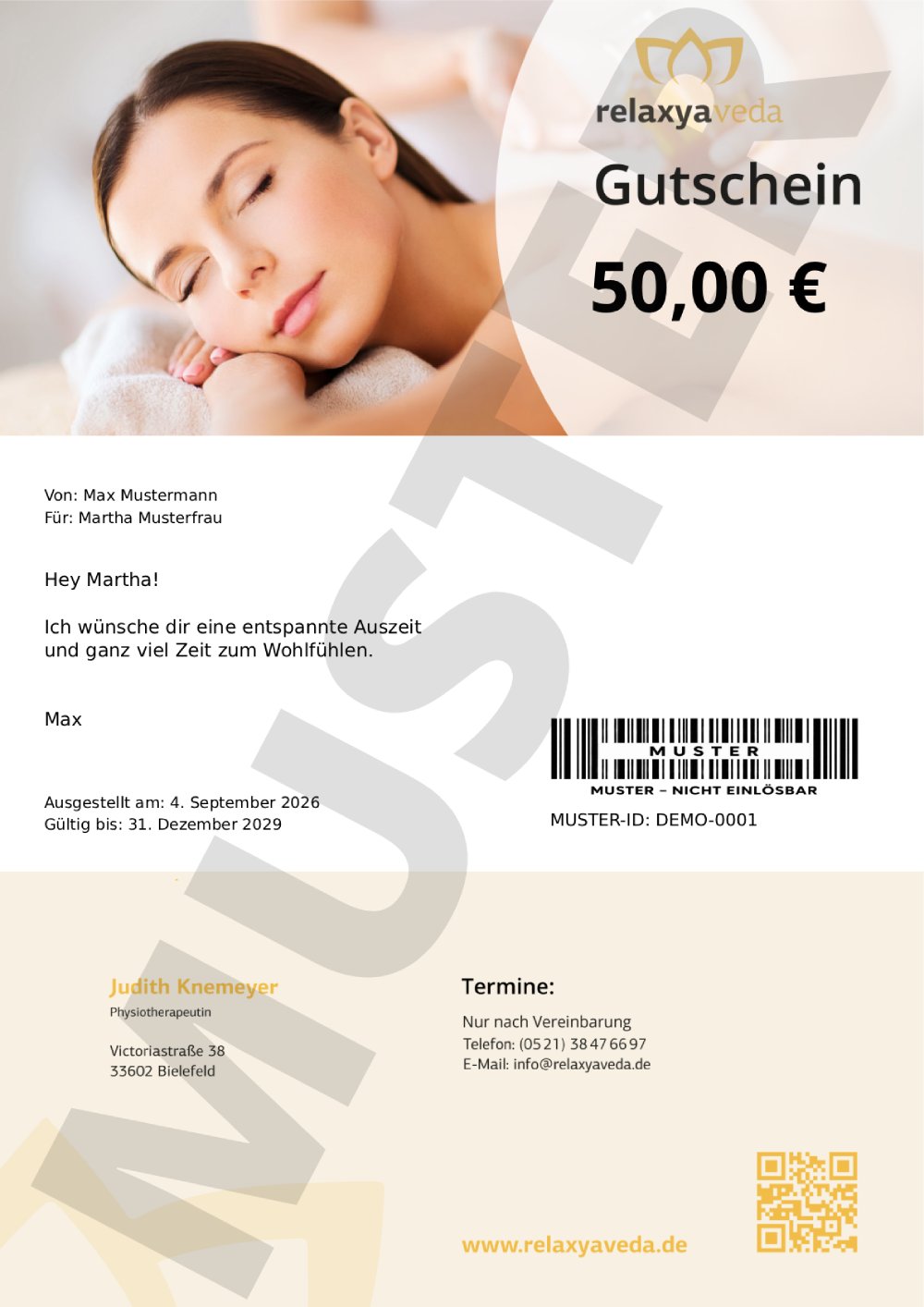 Musteransicht eines relaxyaveda Wellness-Gutscheins